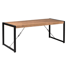 Strakke industriële eettafel met zwart metalen frame en massief houten blad, modern design, perfect voor een stijlvolle eetkamer of kantoorruimte, duurzame materialen.