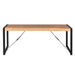 Strakke eettafel van massief hout met zwart stalen frame en verstelbare stangen, perfect voor een moderne eetkamer of kantoor, handgemaakt door Mokana Meubelen voor duurzame en stijlvolle meubelstukken.