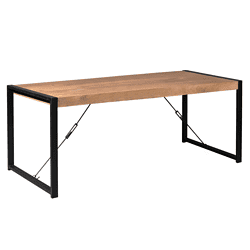 Strakke houten eettafel met zwart metalen frame en diagonale staven, modern industrieel design, perfect voor een eigentijdse eetkamer of kantoorruimte, duurzame en stijlvol meubelstuk.