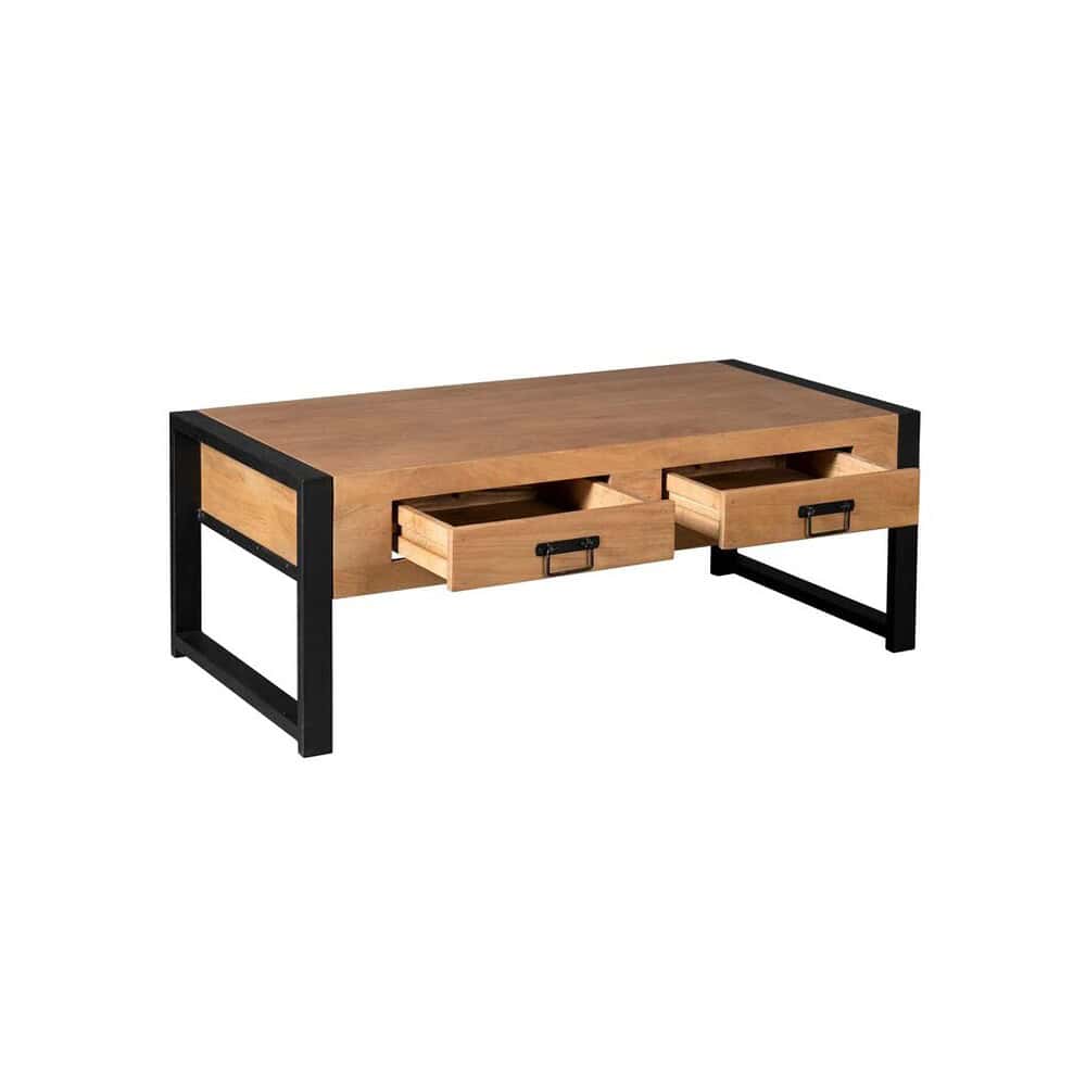 Robuuste houten salontafel met zwart metalen frame, twee uitschuifbare opbergladen, modern industrieel design, perfect voor woonkamer, stijlvol en functioneel, gemaakt door Mokana Meubelen.