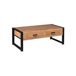 Robuuste houten salontafel met zwart metalen frame en opbergladen, perfect voor een moderne en stijlvolle inrichting.