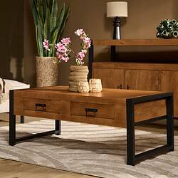 Elegante houten salontafel met zwart metalen frame, modern design en praktische opbergmogelijkheden, perfect voor een stijlvolle woonkamer inrichting.