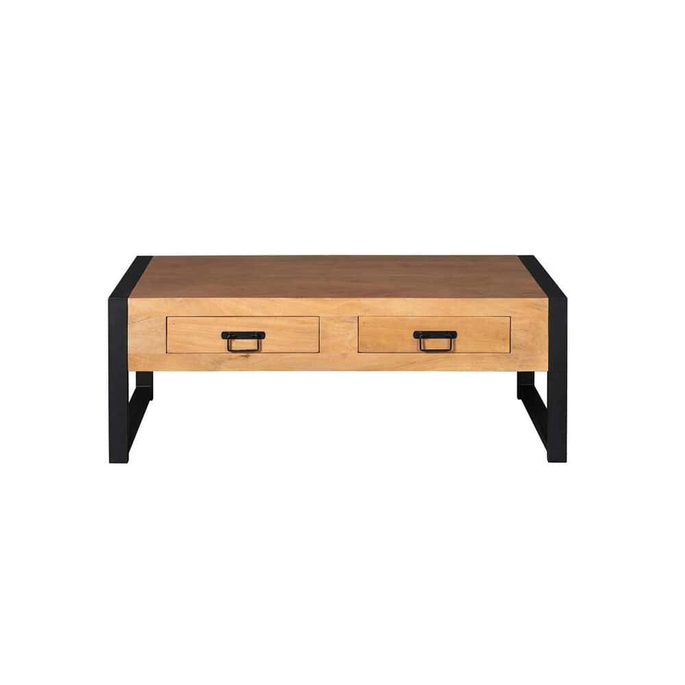 Robuuste houten salontafel met twee lades, zwart metalen frame, industrieel design, perfect voor modern interieur, ruime opslag, duurzaam en stijlvol.