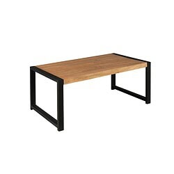 Robuuste houten salontafel met zwart metalen frame, modern industrieel design, perfecte afmetingen voor woonkamer, hoogwaardige materialen, stijlvolle en praktische meubelkeuze.