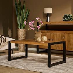 Rustieke houten salontafel met zwart metalen frame, modern design, perfect voor woonkamer, combineert natuurlijk hout met industrieel element.