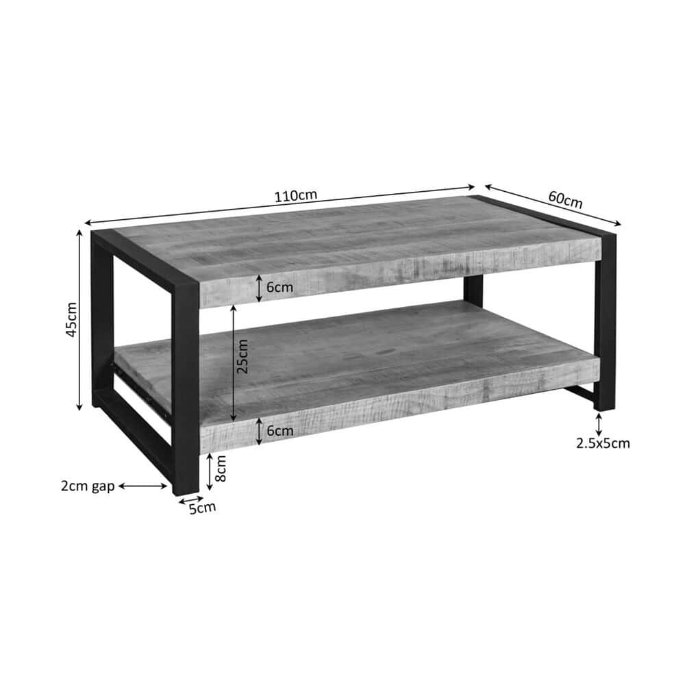Houten salontafel met zwart metalen frame, verstelbare maat, industriële stijl, ruime opbergplanken, modern design, perfect voor woonkamer interieur, duurzame materialen, maat 110x60x45cm.