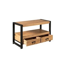 Robuuste houten salontafel met industrieel zwart metalen frame, twee opbergladen en extra plank voor woondecoratie of functionaliteit, perfect voor een moderne interieurstijl.
