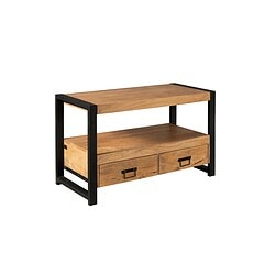 Robuuste industriële salontafel met zwart metalen frame en warm houten afwerking, inclusief twee ruime lades voor extra opbergruimte, modern design.