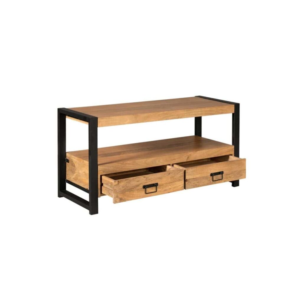 Robuuste industriële salontafel met houten blad en zwarte metalen frame, inclusief opbergvakken en lades, perfect voor modern ingerichte woonkamers.