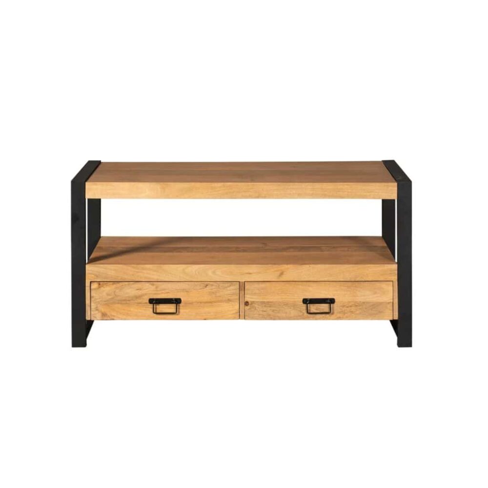 Robuuste industriële salontafel met zwart metalen frame en natuurlijke houten blad, inclusief opbergladen voor woondecoratie en functioneel gebruik, perfect voor modern interieur.