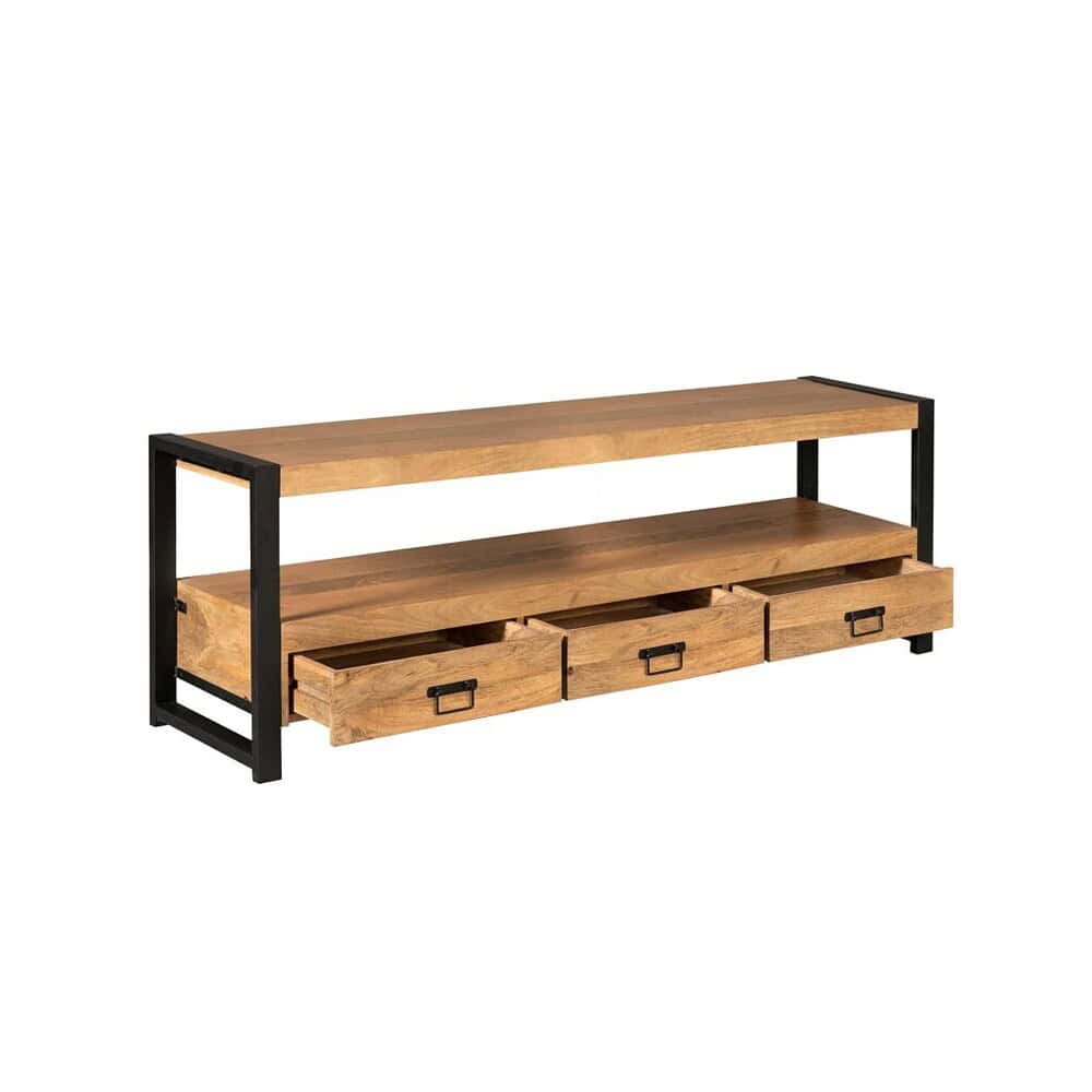 Houten salontafel met opbergladen en een industriële metalen frame, perfect voor moderne woonkamers.