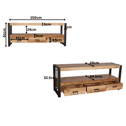 Een industriële houten salontafel en dressoir met zwart metalen frame, vintage look, ideaal voor moderne woonkamers, met opbergruimte en opvallende natuurlijke houtdetails.