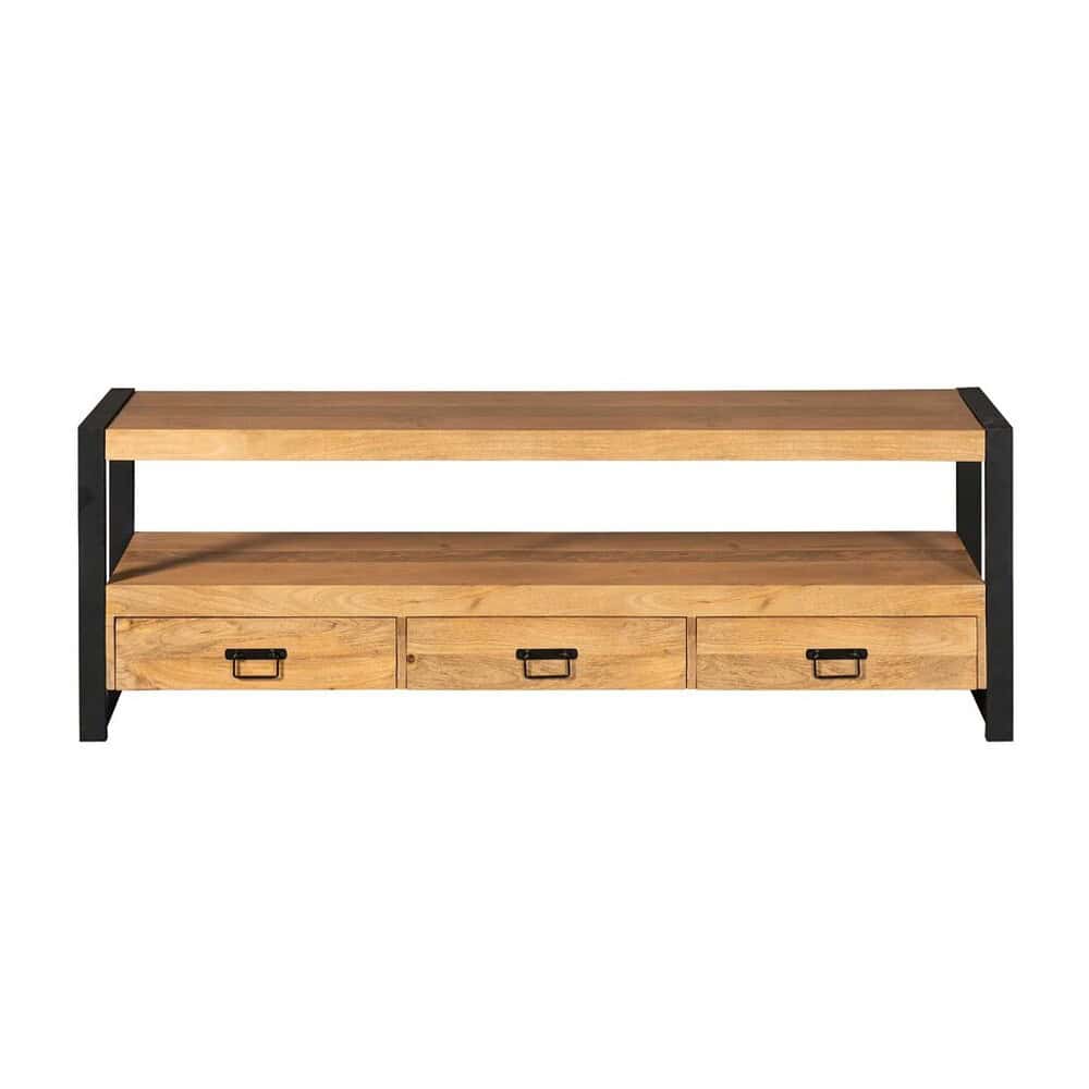 Robuuste houten TV-meubel met metalen frame en opbergladen, modern industriële stijl voor woonkamer of kantoor.