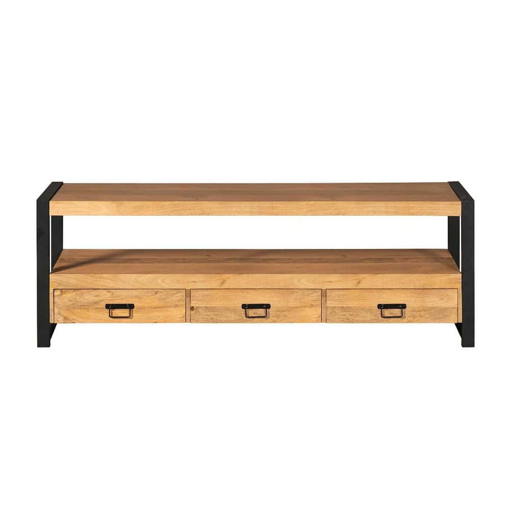 Massief houten TV-meubel met drie lades en industrieel zwart metalen frame, perfect voor moderne en landelijke interieurs.