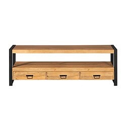 Massief houten TV-meubel met drie lades en industrieel zwart metalen frame, perfect voor moderne en landelijke interieurs.