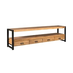 Robuuste houten vloerlamp met industrieel zwart metalen frame en extra opbergladen voor een stijlvolle en functionele inrichting.