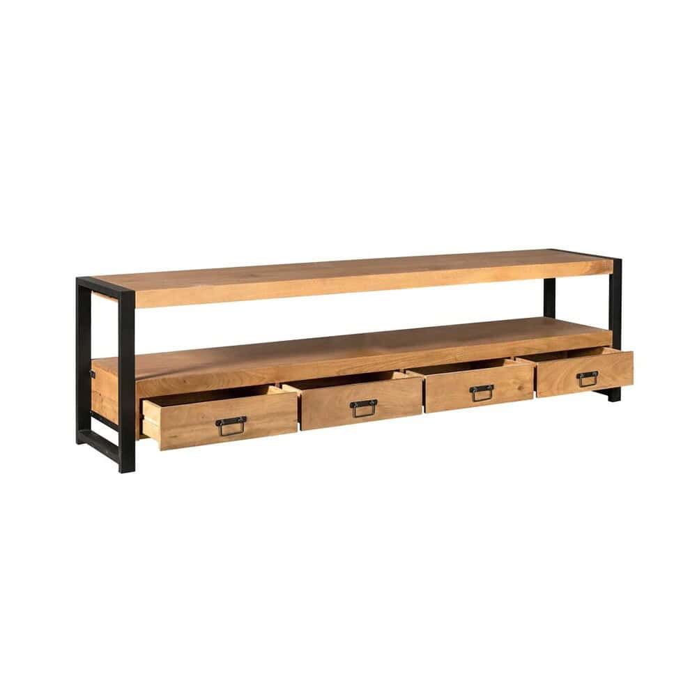 Robuuste industriële tv-meubel met walnoothouten afwerking en zwart metalen frame, voorzien van vier praktische lades en een royale bovenplank voor tv en decoratie.