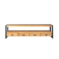 Vintage industriële tv-meubel met zwart metalen frame en warm houten opbergladen.