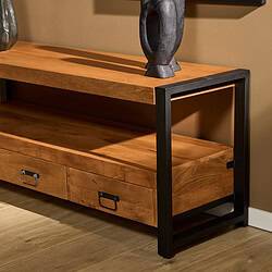 Strak industrieel houten salontafel met zwart metalen frame, ruime opslag en twee lades, perfect voor modern en sfeervol interieur.