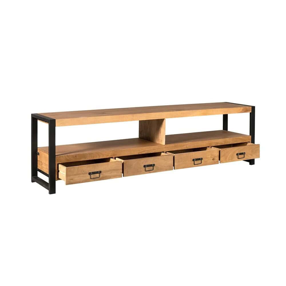 Elegante houten TV-meubel met industrieel zwart metalen frame en ruime opberglades, perfect voor modern interieur en tv-kamers.