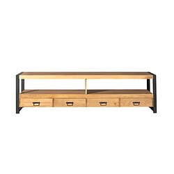 Elegante houten tv-meubel met zwart metalen frame, vier lades en open opbergruimte, perfect voor een stijlvolle en functionele woonruimte.