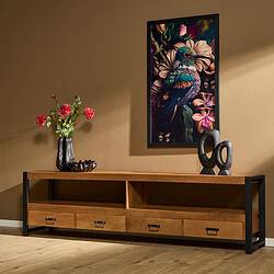 Mooi houten TV-meubel met een strakke metalen frame, perfect voor moderne interieurs en verlichting van de woonkamer.