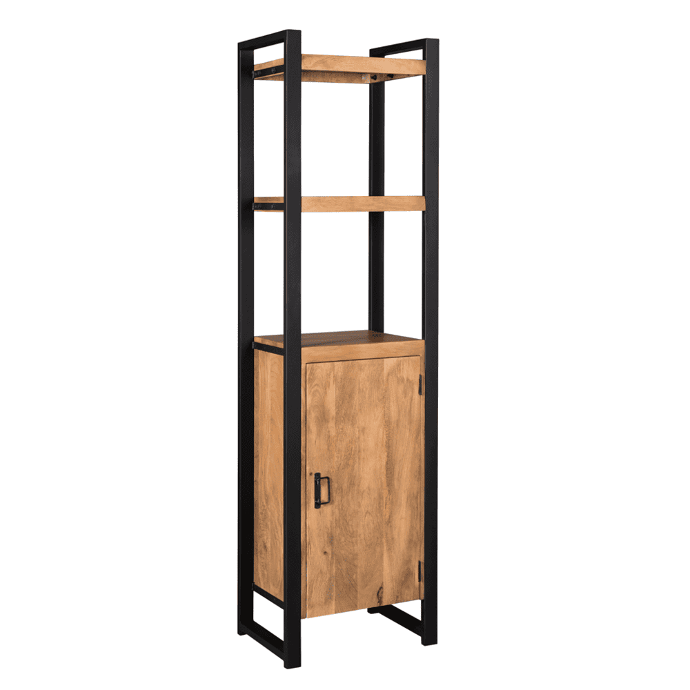 Strak industrieel metalen en massief houten boekenrek met gesloten opbergkast, ideaal voor moderne woon- en kantoorruimte.