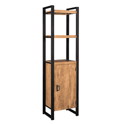 Strak industrieel metalen en massief houten boekenrek met gesloten opbergkast, ideaal voor moderne woon- en kantoorruimte.