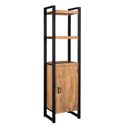 Robuuste industriële opbergkast met eikenhouten accenten en zwart metalen frame, perfect voor woonkamer of kantoor.