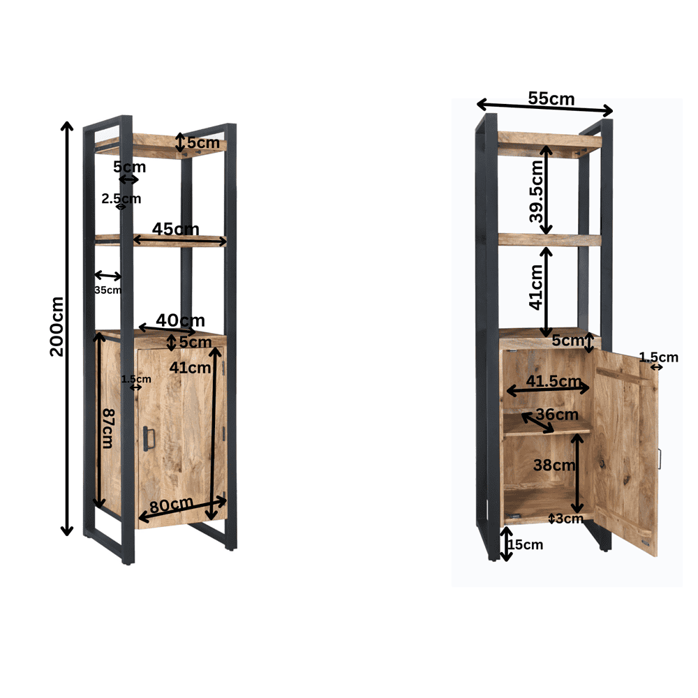 - Moderne houten boekenkast met zwart metalen frame en opbergruimte, maat 200cm hoog, ideale woonaccessoire.