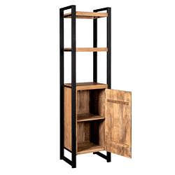 Redaction: afbeelding van een industrieel houten en metalen opbergkast, perfect voor modern interieur, met meerdere planken en deur, robuust design, verkrijgbaar bij Mokana Meubelen.