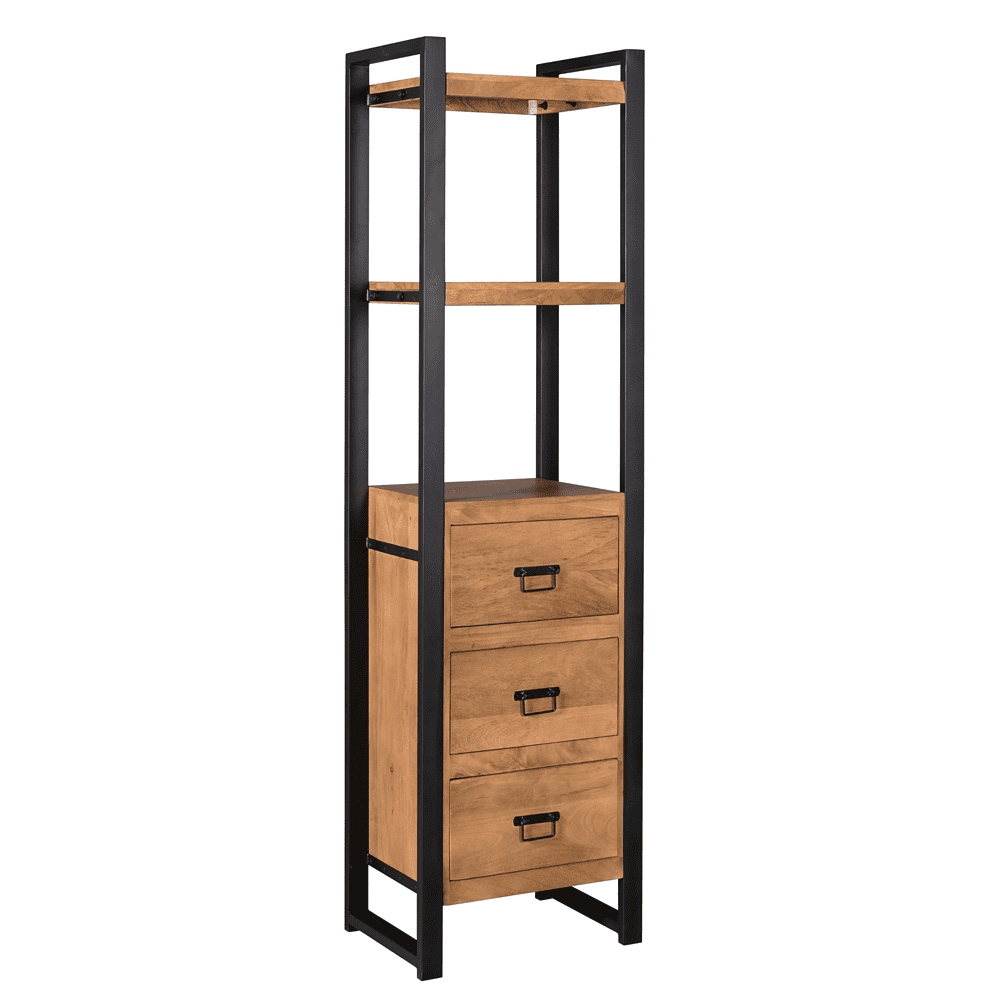 Hoogwaardige industriële kast met houten laden en zwarte metalen frame, perfect voor moderne inrichtingen en opbergruimte.