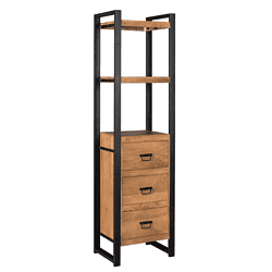 Hoogwaardige industriële kast met houten laden en zwarte metalen frame, perfect voor moderne inrichtingen en opbergruimte.