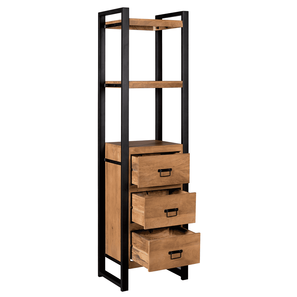 Antiek zwarte stalen en natuurlijke houten opbergkast met drie lades, industrieel design, meubel voor woonkamer of eetkamer, handgemaakt, meubel op maat, duurzame meubelen, Mokana Meubelen.