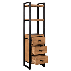 Robuuste industriële houten boekenkast met metalen zwart frame en schuifladen voor stijlvolle opbergruimte in wonen of kantoor.