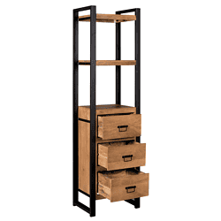 Antiek zwarte stalen en natuurlijke houten opbergkast met drie lades, industrieel design, meubel voor woonkamer of eetkamer, handgemaakt, meubel op maat, duurzame meubelen, Mokana Meubelen.