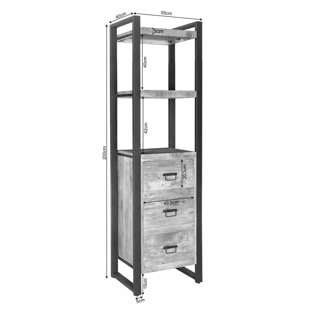 Rustieke houten etagère met lade, industrieel design, multifunctioneel boekenrek voor woonkamer en keuken, natuurlijke afwerking, Mokana Meubelen.