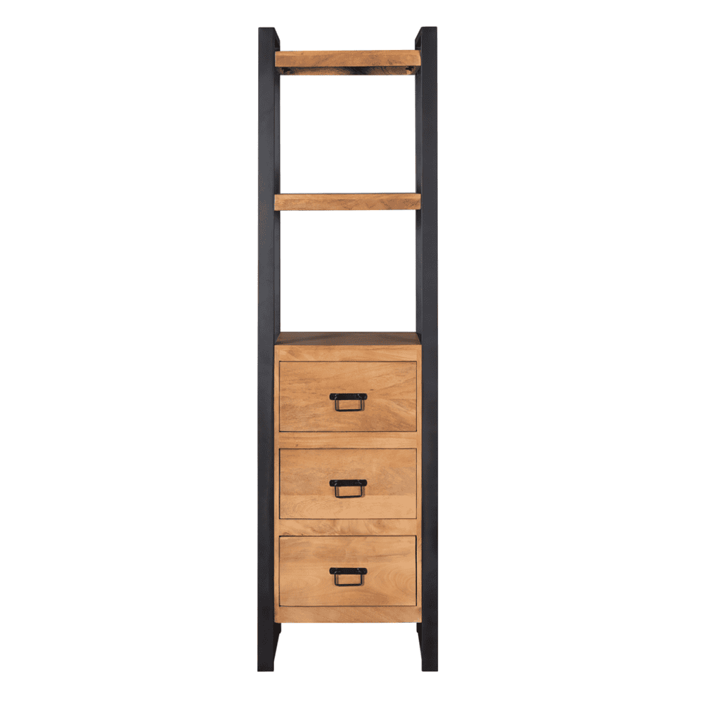 Houten opbergkast met drie lades en zwart metalen frame, modern industrieel design, multifunctioneel meubelstuk, perfect voor woonkamer of kantoor.