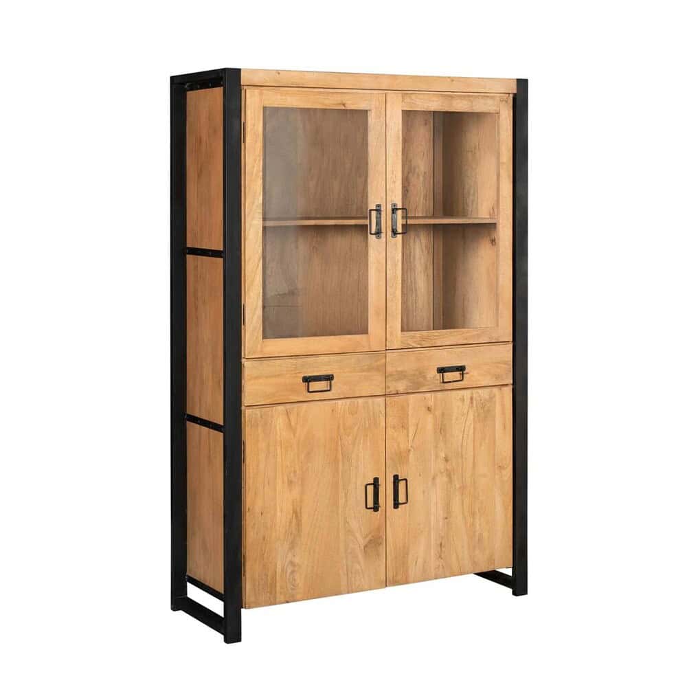 Hoogwaardige houten kast met metalen details en glazen deuren, ideaal voor moderne wooninterieurs en opbergruimte, ontworpen door Mokana Meubelen.