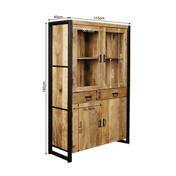 Robuuste houten kast met metalen frame, industrieel design, ideaal voor woon- en kantoorinrichting, opbergmeubel met glazen deuren en meerdere vakken.