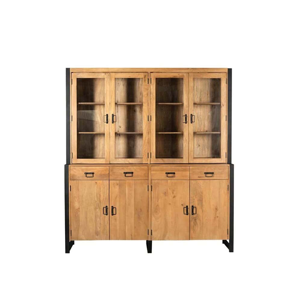 Houten buffetkast met glazen deuren en ruime opbergvakken, perfect voor een landelijke of industriële eetkamerstijl.