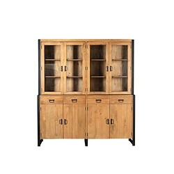Houten buffetkast met glazen deuren en ruime opbergvakken, perfect voor een landelijke of industriële eetkamerstijl.