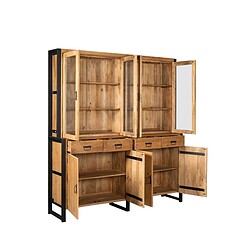 Rustieke houten boekenkast met zwart metalen frame en veel opbergruimte, perfect voor landelijke of industriele interieurstijlen.