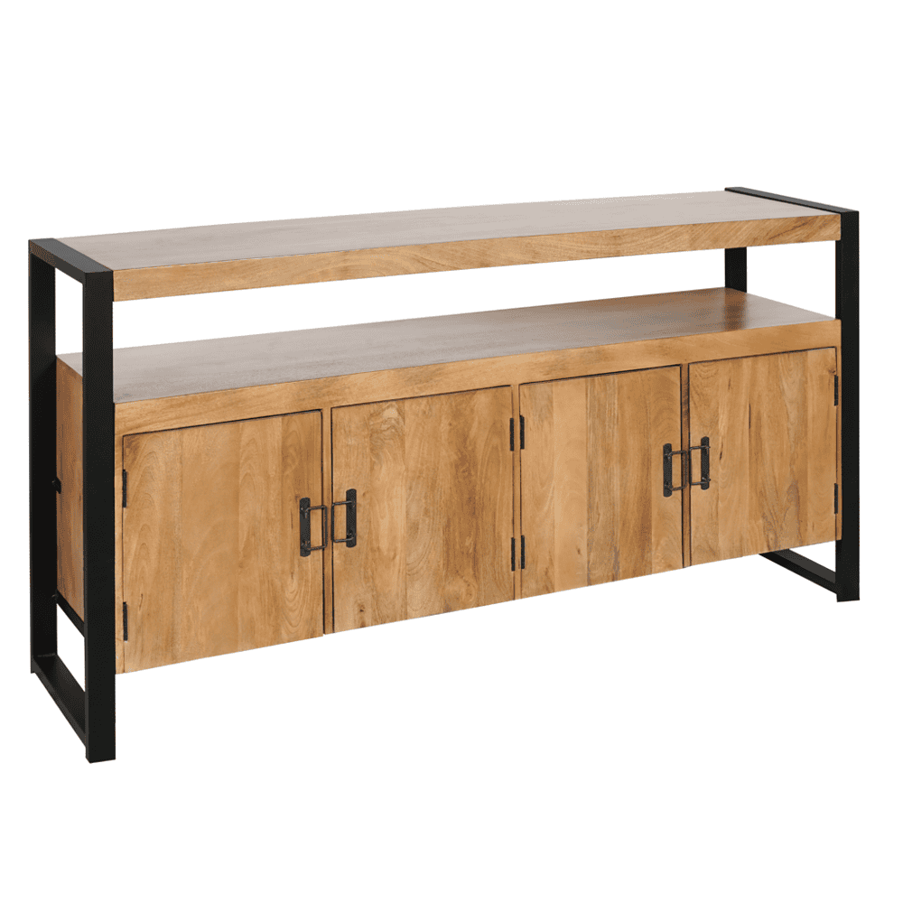 Ruw houten tv-meubel met zwart metalen frame en opbergruimte, industrieel design. Perfect voor een eigentijdse woonstijl, praktische en stijlvolle opberglocatie.