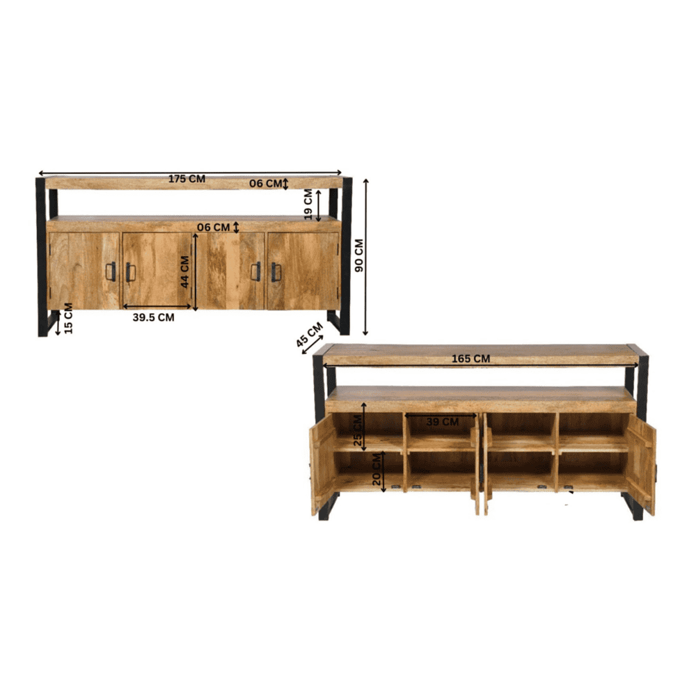 Robuuste houten sideboards met stalen frame, perfect voor industrieel interieur, met veel opbergruimte en modern design, ideaal voor woonkamer of eetkamer.