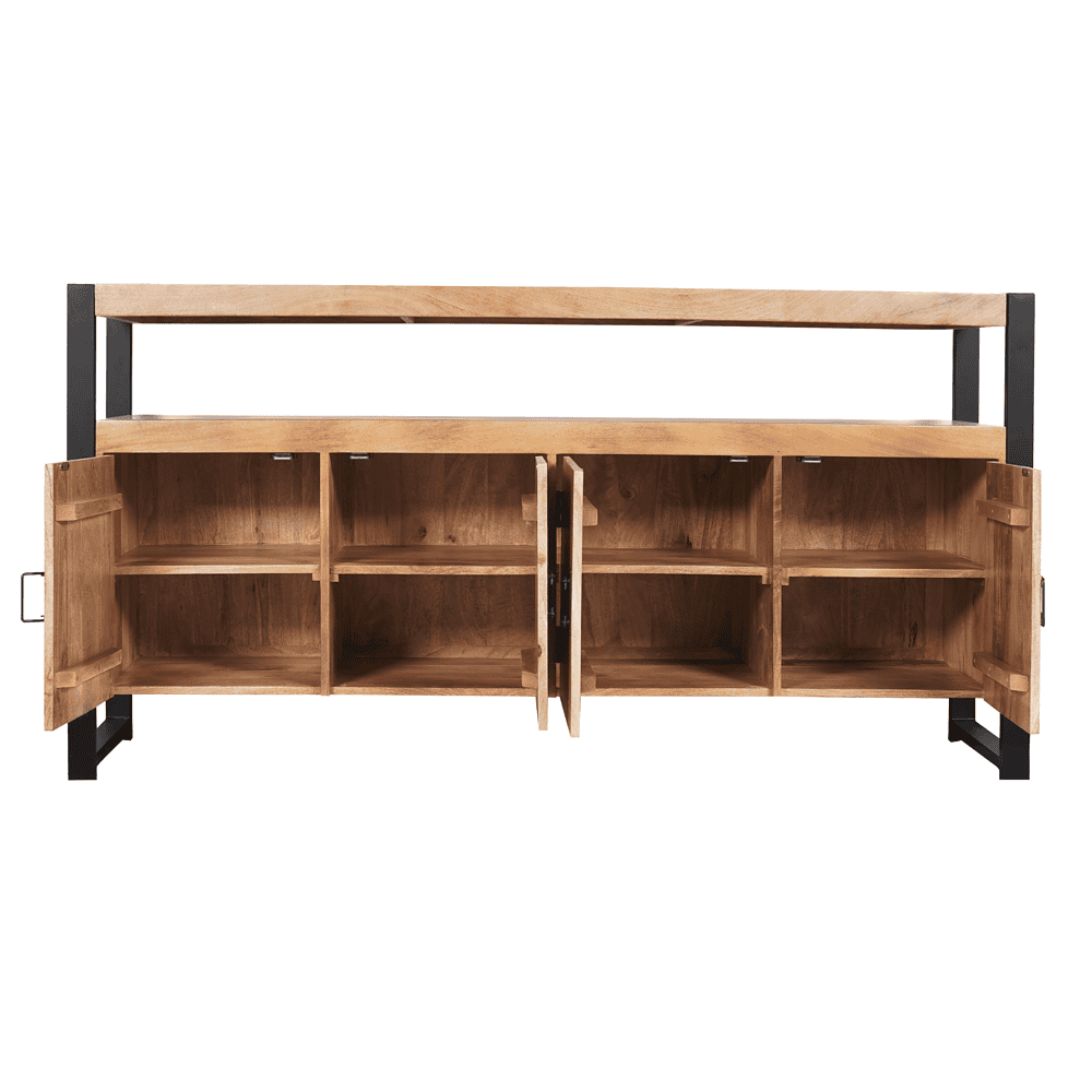 Vintage houten dressoir met vakken en zwarte metalen frame, perfect voor een industriële woon- of eethoek.