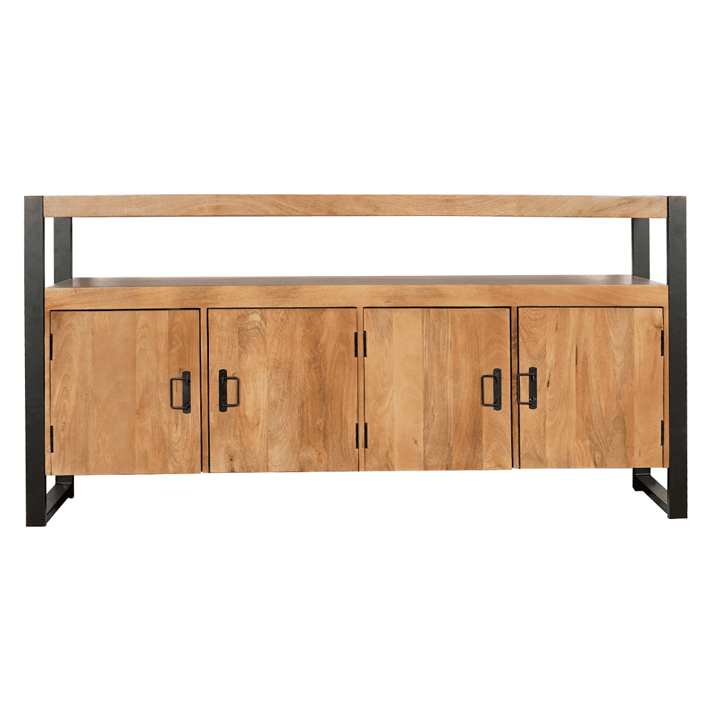 Robuuste houten TV-meubel met industrieel zwart metalen frame, praktische opbergladen en open bovenplank, perfect voor een moderne woonkamer.