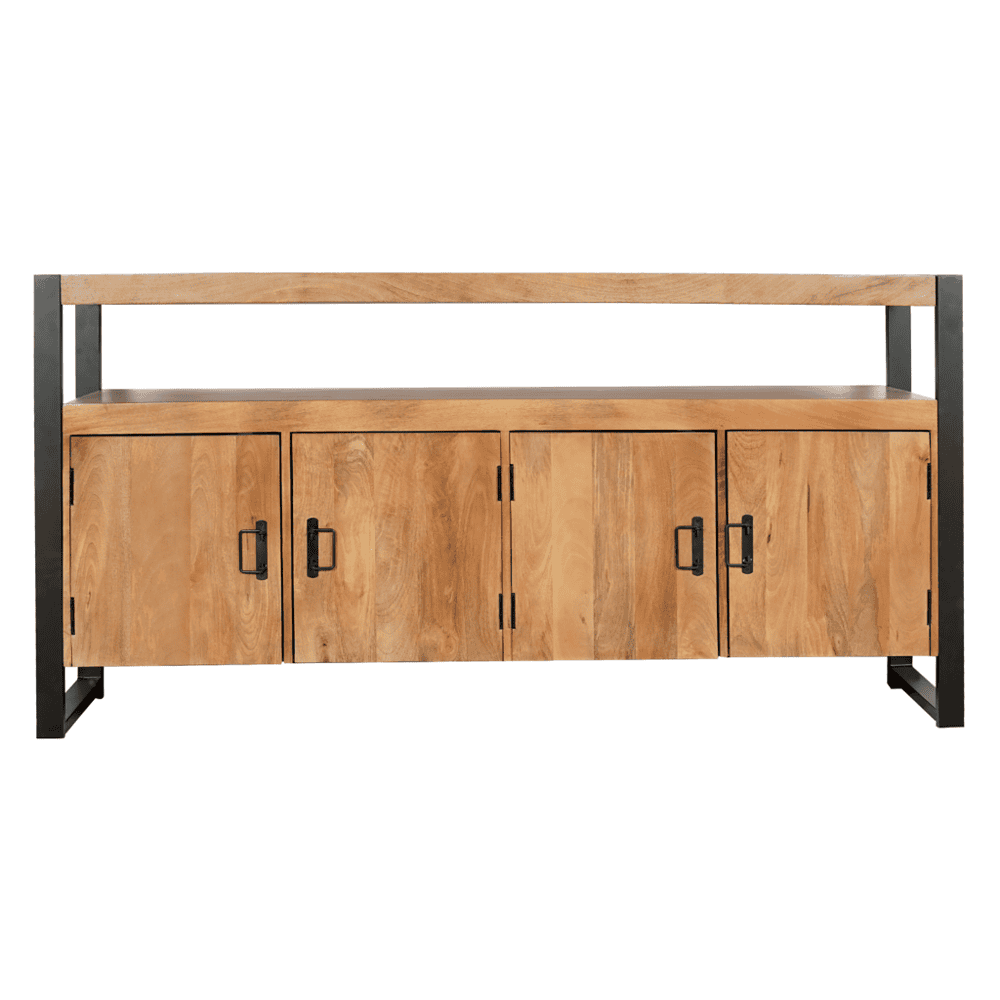 Robuuste houten industriele tv-standaard met zwart metalen frame en ruime opslag, perfect voor een moderne, stijlvolle woonkamer of entertainmentruimte.