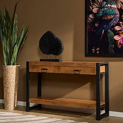 Donkere houten en zwart metalen console tafel met laden, modern design, ideaal voor entree of woonkamer, gecombineerd met kunst en planten.