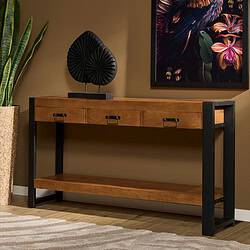 Geborstelde houten woonkamerconsole met zwart metalen frame, stijlvolle opbergmeubel van Mokana Meubelen in modern interieur.